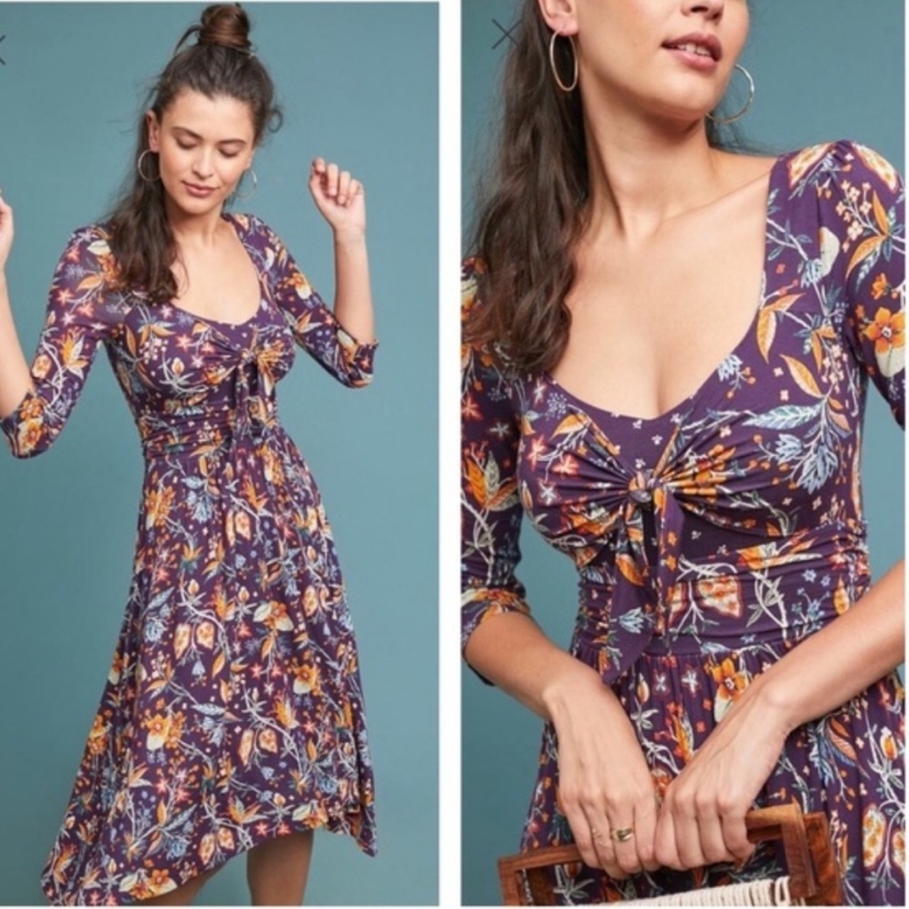 Anthropologie Purple Floral Tie-Front Midi Dress with Yellow Accents - Picture 10 of 10
